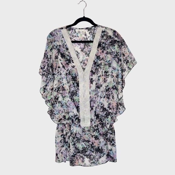 Badgley Mischka Other - Badgley Mischka Womens Cover Up Black Abstract Sheer Beaded Blouson Swim Medium